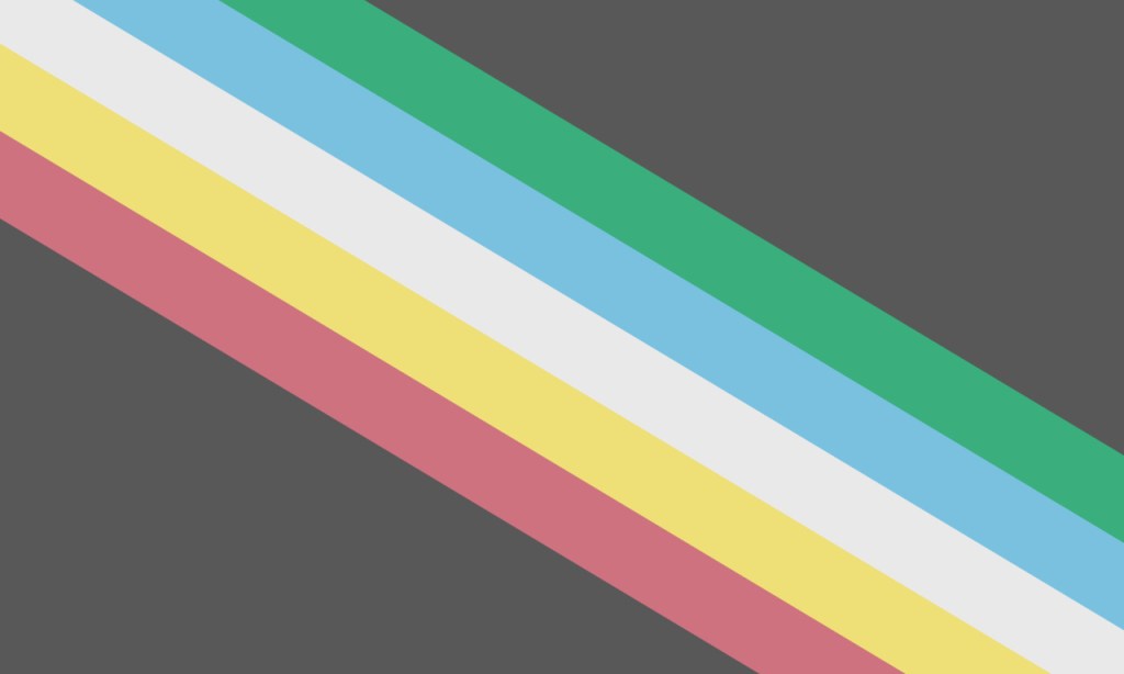 A “Straight Diagonal” version of the Disability Pride Flag: A charcoal grey flag with a diagonal band from the top left to bottom right corner, made up of five parallel stripes (going from bottom up; left to right) in red, gold, pale grey, blue, and green /end