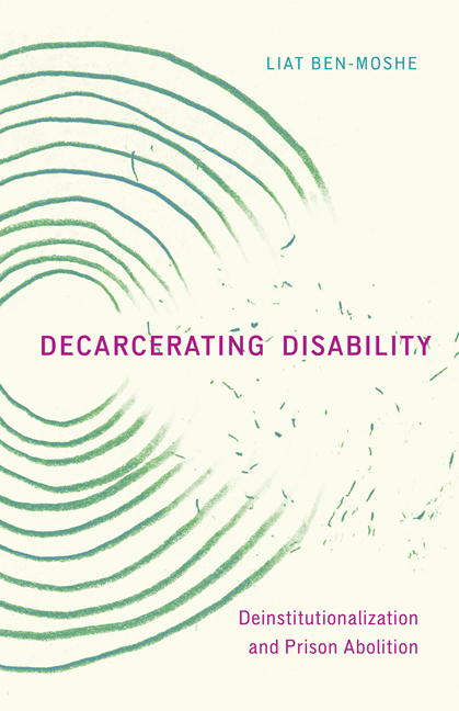 A book cover. The background is cream, with several green circles on the left side. In the centre, the circles appear to be crumbling away. Text on the cover reads:
The authors name "Liat Ben-Moshe" in small, blue capitals in the upper right corner of the cover,
The title "Decarcerating Disability" in large purple capitals across the centre of the cover,
The subtitle "Deinstitutionalization and Prison Abolition" in small, purple writing in the lower right corner of the cover. /end