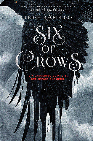 A book cover. The background appears to be large grey clouds. There is a large, black crow stretching the length of the cover, with writing laid over the top. The writing, from top to bottom, reads:
"New York Times Bestselling Author of The Grisha Triology
Leigh Bardugo
Six of Crows
Six Dangerous Outcasts.
One Impossible Heist."
The last two lines are coloured red. 
Outlines buildings form at the tip of the crows wing. /end
