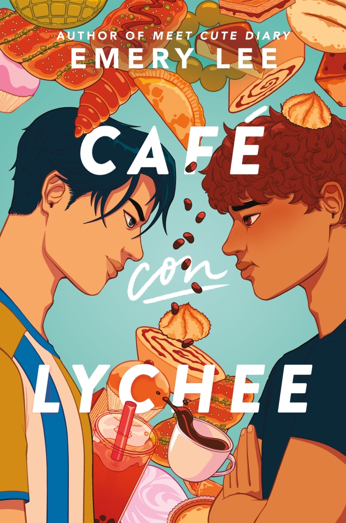 A book cover. A young Asian man, stands on the left, with black hair and wearing a blue and yellow striped shirt. A young Latino man stands on the right, with curly brown hair, wearing a black t-shirt and with his arms folded across his chest. They are facing each other. The background is a pastel shade of blue, and art of different foods stretches from the top of the cover to the bottom. 
White text, from the top of the cover to the bottom, reads:
"Author of Meet Cute Diary" in small capitals,
The author's name "Emery Lee" in larger capitals,
The title "Café Con Lychee" in larger capitals. "con" is written in lowercase capitals. /end
