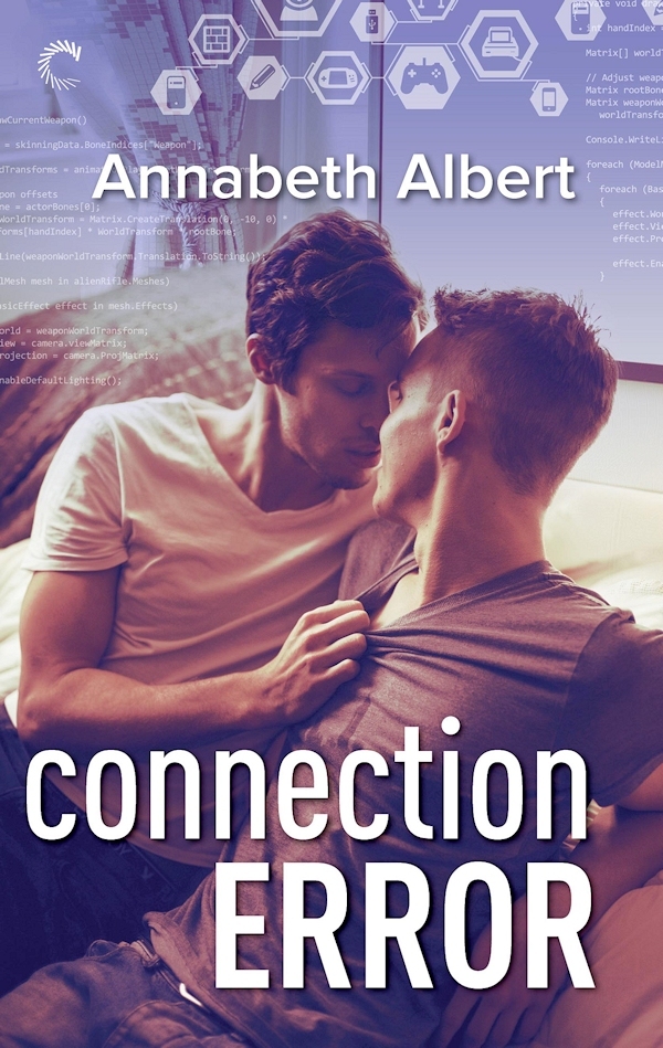 A book cover. A photograph of two men, posed intimately, is the main focus of the cover. Around them, faint coding language and various symbols relating to technology. 
The author's name "Annabeth Albert" is written at the top of the cover, above the men, in white writing. 
The title "Connection Error" is written at the bottom of the cover, in larger white writing. "Connection" is written in a lowercase font. "Error" is written in capital letters. /end