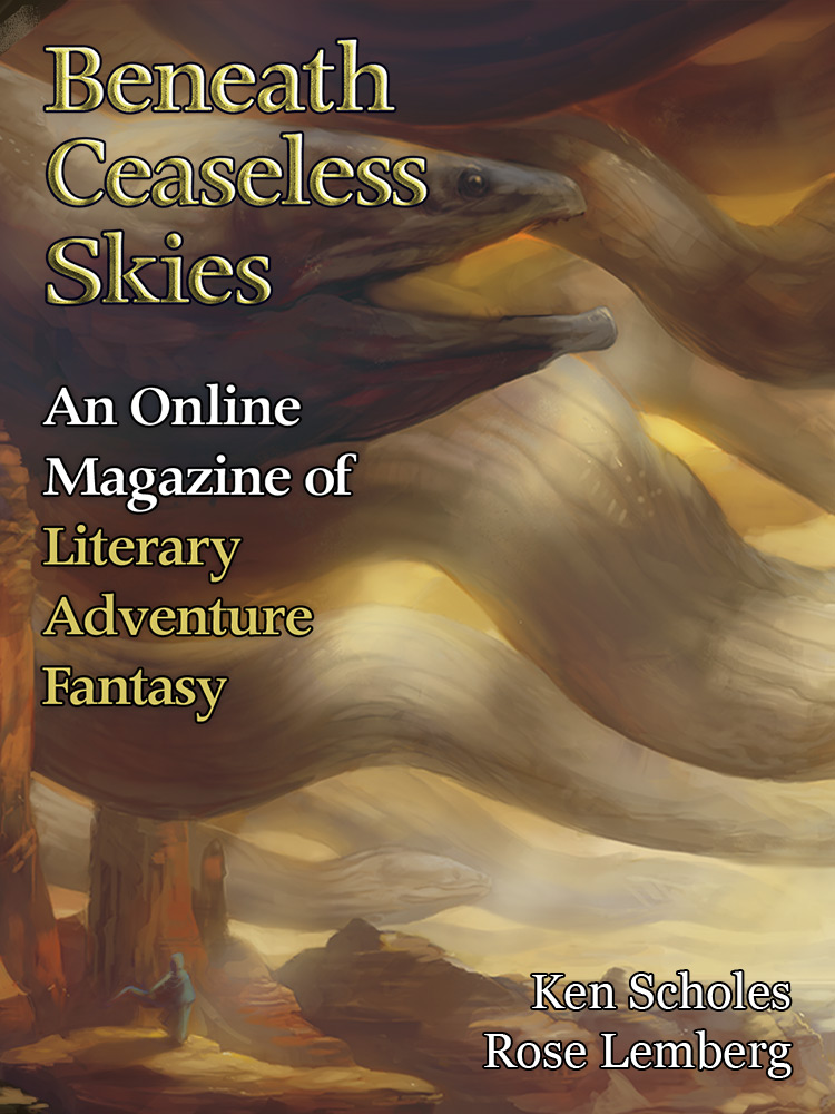 Cover for issue 175 of the online magazine Beneath Ceaseless Skies. Text down the left side reads: "Beneath Ceaseless Skies" in large shiny gold writing. "An Online Magazine" in smaller white writing. "Literary Adventure Fantasy" in dark gold writing. The names of the issue's editors "Ken Scholes" and "Rose Lemberg" are written in smaller white writing in the lower right corner. The background shows a large desert landscape with a small, faint figure in the lower left corner. Large eels appear to be in the sky, which takes up most of the cover. /end