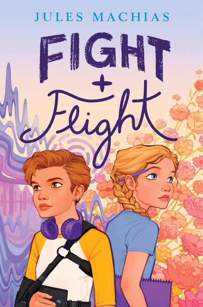 A book cover. Text at the top reads:
The author's name "Jules Machias" in blue capitals. The title "Fight + Flight" immediately below this in larger purple writing. "Fight" is capitalised and looks like it has been drawn in chalk. "Flight" is written in cursive. Below this, art of two young girls. The one on the left has short, brown hair, purple headphones, a white and yellow long sleeved shirt and their right arm in a black sling. The girl on the right has long braided blond hair, a purple pen behind their right ear, a short sleeved blue shirt and a purple sketchbook under their right arm. Purple squiggles and scribbles of various sizes are behind the first girl. Pastel orange and pink flowers are behind the second girl. /end