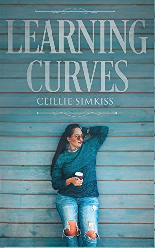 A book cover. The title "Learning Curves" is at the top of the cover in large white capitals. Directly below it, the author's name "Ceillie Simkiss" in smaller white capitals. The background is a wall of blue planks. In the lower half of the cover, in the centre, a woman is leaning against the planks with arm behind her hear. She has long black hair tied back into a pony tail, sunglasses, a dark blue jumper, jeans ripped at the knee and is holding a take away coffee cup in her right hand. /end