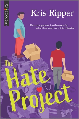 A book cover. The title "The Hate Project" is written in the lower half, in large yellow writing. The "j" in project is dotted with a red heart. The author's name "Kris Ripper" is written in the top right section of the cover in white writing. The tag line "This arrangement is either exactly what they need- or a total disaster." is below this, in smaller white writing. The background is dark purple, with a mountain of various items of household items in the lower half, behind the title. The figures of two men are standing on it. At the top, a man wearing brown shoes, orange pants and a blue shirt. A cardboard box is at his feet. At the bottom, above the title, a man with black shoes, grey pants and red t-shirt. The second is turned so that only his back can be seen. /end