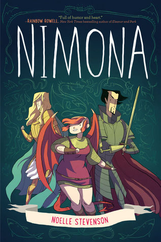 A book cover. A quote from author Rainbow Rowell reads "Full of humor and heart" in small green writing at the top. Directly below this, the title "Nimona" in large white caps. The name "Noelle Stevenson" is written at the bottom in smaller pink caps, in a white banner. The background is dark green with various faint swilrs and drawings of dragons, cats, deer, snakes and octopus and other animals. In the lower half of the cover, art of three people. The person on the left has long blonde hair, golden armour and a long green cape. The person in the centre has short orange hair, a red tunic over a green tunic that reaches their mid thigh, brown bands over their forearms, red wings and a pointed red tail. The person on the right has short black hair, a black goatee, dark green armour and a red cape. Their right arm has been replaced with a robotic prosthetic and they are holding a sword with both hands. /end
