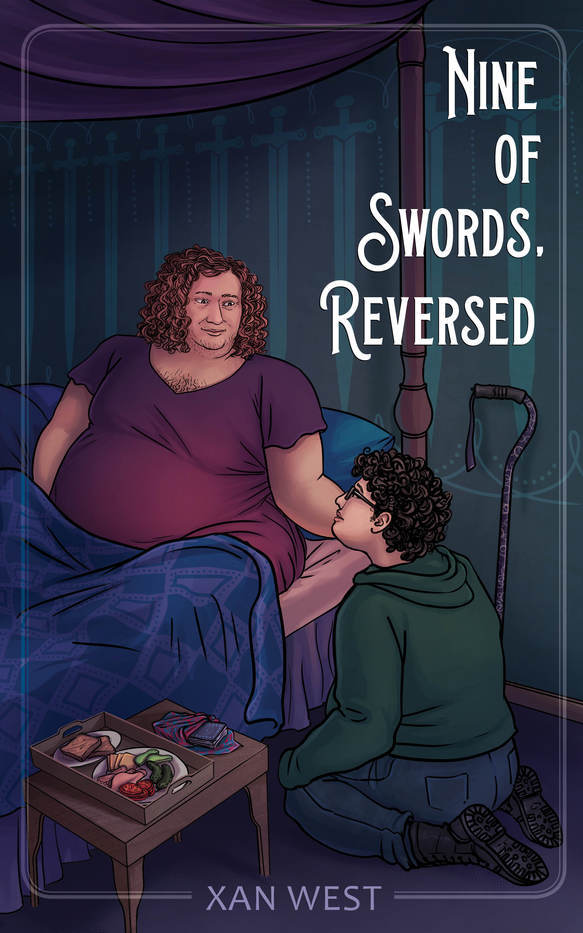 A book cover. Down the right side of the cover, from the top, the title "Nine of Swords, Reversed" in white caps, stopping a third of the way down. The author's name "Xan West" is at the bottom of the cover in smaller lilac caps. The cover shows art of two people in a bedroom. The walls of the room are green and blue striped. The bed has posts and a purple curtain at the top, with a blue pillow, purple sheet, pink top sheet and blue blanket. A person is sitting in the bed, wearing a long purple piece of clothing and a bob of curly orange hair. Another person sits on the floor, with short curly dark hair and wearing glasses, a green hoodie, blue jeans and black boots. A black walking cane is propped against the wall. Besides the bed, a small table with a tray of food. /end