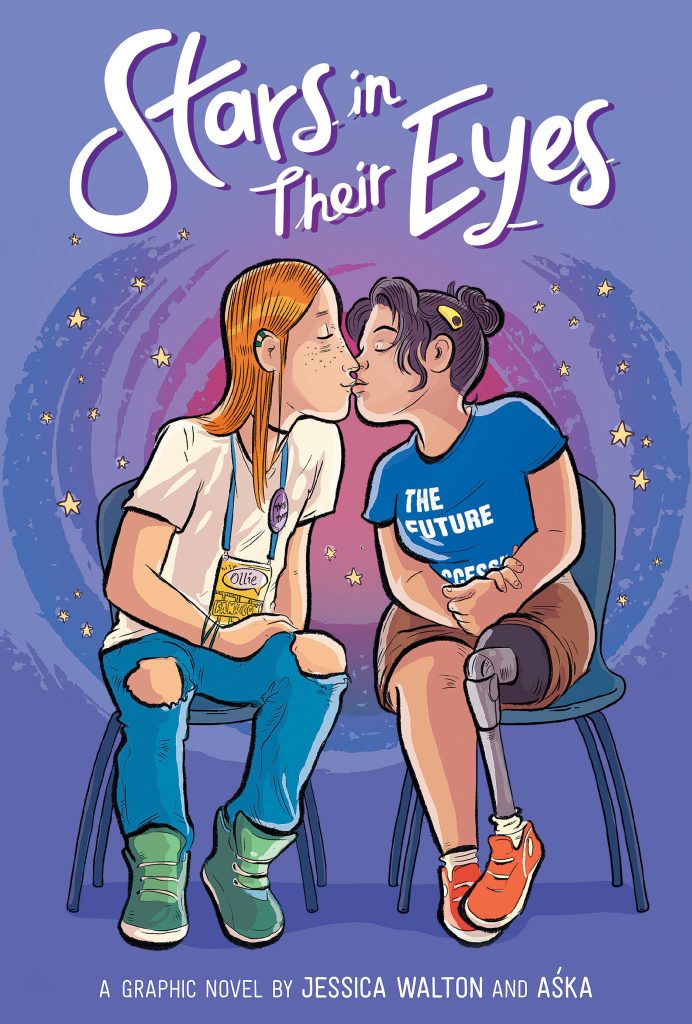 A book cover. The title "Stars in Their Eyes" is written at the top in large white writing with a dark purple outline around each letter. The names of the novel's creators "Jessica Walton" and "Aśka" are written at the bottom in very small white capitals. The background is purple, with art of two young people in the centre. They are sitting on blue chairs and kissing. The person on the left chair has long orange hair, two helix earrings, a white t-shirt, a blue lanyard with a yellow card around their neck, blue jeans ripped at the knee and green ankle boots. The person on the right has brown hair tied into a bun, a yellow hair clip, a blue t-shirt with white text that partially reads "The Future", brown shorts and orange shoes. Their left leg is amputated below the knee and replaced with a metal prosthetic. /end