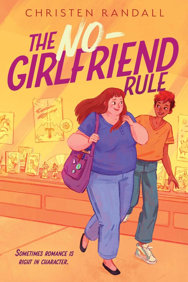 A book cover. The author's name "Christen Randall" is written at the top in thin purple caps. The title "The No-Girlfriend Rule" is directly below this in larger purple caps, except for "no" which is written in light yellowish-cream caps. In the bottom left corner of the cover, two lines of small purple caps read "Sometimes romance is right in character." The background is orange and shows various comics, posters and action figures on a wall and counter top. On the right side of the cover, two women. The woman on the left has long orange hair, a purple t-shirt, lighter purple pants, black flat shoes and a purple over the shoulder bag. The woman on the right has short red hair with a black undercut, a yellow t-shirt, green pants and white sneaker shoes with green, orange and red stripes. /end