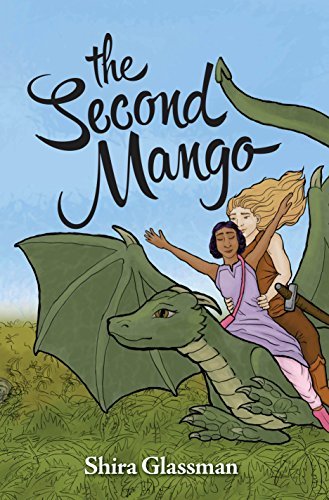 A book cover. The title "The Second Mango" is written at the top of the cover in the centre, in large black print. The author's name "Shira Glassman" is written at the bottom of the cover in small white capitals. The background shows a a large space of green trees under a blue sky. On the right side of the cover, art of two young women on the back of a green dragon. The woman in front has short black hair, and is wearing a purple dress, pink over the should bag, light pink pants and pink shoes. She has her hands in the air above her head. The woman in the back has long blonde hair, a brown tank top, brown pants, light brown boots and a sword at her left hip. She is holding onto the woman in front. /end