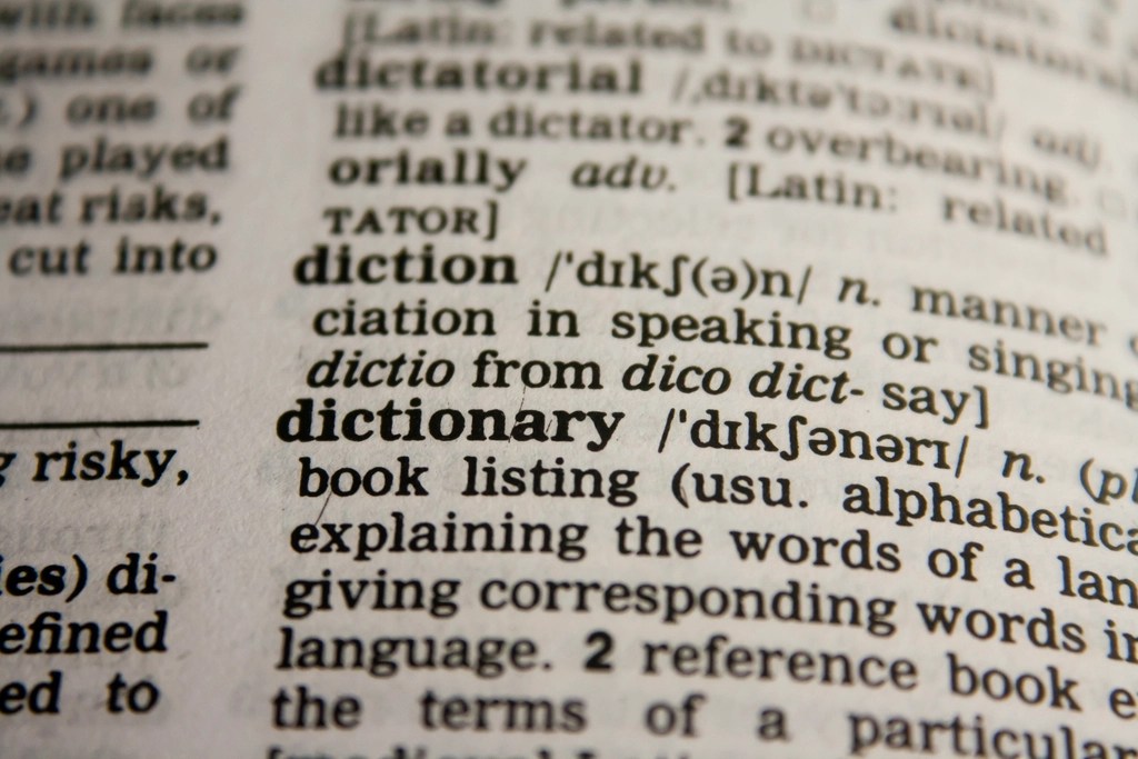 Close up photograph of a dictionary page. The page is white with black text. The page shows the word "dictionary" and part of its definition. /end