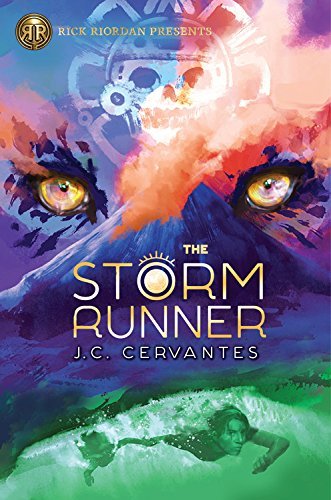 A book cover. Small yellow text in the upper left corner reads "Rick Riordan Presents" in capitals. The title "The Storm Runner" is written in lower half of the cover, in the centre, in large yellow capitals. The author's name "J. C. Cervantes" is written directly below this in smaller capitals. The "O" in "Storm" is partially filled in with a smaller, solid yellow circle, and has a partial crown of lines above it. The background shows a dark blue volcano with orange smoke coming from the top. In the lower section of the book, green water with the figures of two people swimming through it. On either side of the volcano, two faint golden animal eyes. Above it, the faint symbol of a white skull in front of a circle of rectangles. The sky behind the volcano is a dark colour gradient of blue to purple. /end 