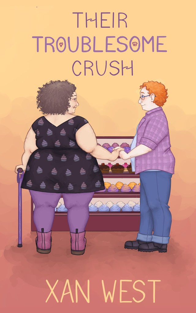 An illustrated cover featuring a fat brunette cane-using woman in a cupcake-printed dress holding hands with a fat redheaded trans man in jeans and an open plaid shirt in front of a bakery display case full of cupcakes. /end