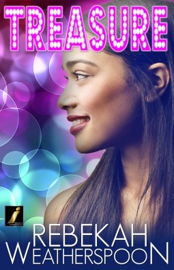 A book cover. The title "Treasure is written at the top of the cover in white and pink capitals that looks like pink lights with white ball bulbs. The author's name "Rebekah Weatherspoon" is written at the bottom of the cover in large white capitals. The background is purple and blue, and consists of lights and bubble shapes. Down the right side of the cover, the photograph of the upper half of a young woman with brown skin and long dark hair. She is looking off to the left side and smiling. /end