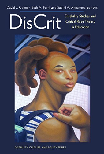 A book cover. The names of the editors "David J. Connor", "Beth A. Ferri" and "Subini A. Annamma" are written at the top of the cover in small white writing. The title "DisCrit" is immediately below this, to the left, in large white writing. The subtitle "Disability Studies and Critical Race Theory in Education" is to the right in small yellow writing. The name of the series "Disability Culture and Equity Series" is written at the bottom of the cover in very small yellow capitals. The background is dark blue. In the centre, art of an individual with brown skin and large, braided brown hair. They are wearing a blue and white striped tank top, with a blue back pack on their back. A white tiled wall is behind them. /end