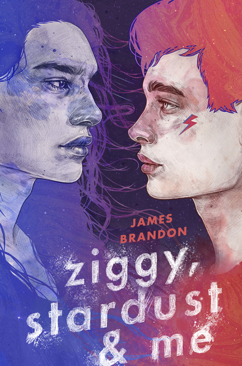 A book cover. The title "Ziggy, Stardust and Me" is written at the bottom of the cover, in the centre, in large, lower case white writing that looks like paint. The author's name "James Brandon" is written above this in small red capitals. The background is a dark purple. On the left, blue toned art of a young man with long dark hair. On the left, red toned art of a young man with short light hair and the red and blue David Bowie lightning bolt painted on his cheek. They are both facing each other. /end