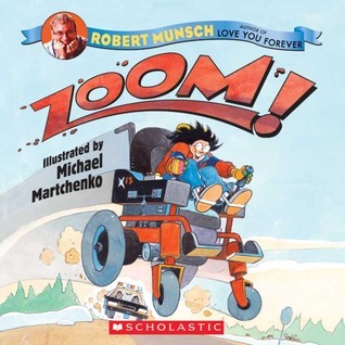 A book cover. The author's name "Robert Munsch" is written at the top of the cover in small yellow capitals, in a blue ribbon banner next to a photograph of the author. The title "Zoom!" is written directly below the banner in large red capitals. The illustrator's name "Michael Martchenko" is written in the centre of the left side of the cover, in small black writing. The background shows art of a young person in a large red and black powered wheelchair. They have long black hair, a red jumper, blue pants and colourful gloves. The wheelchair is twice the size of them. They have an extremely gleeful look on their face. Behind them, a police car that appears to be chasing them. /end