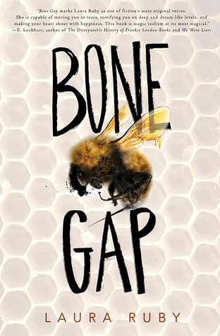 A book cover. The title "Bone Gap" is written down the centre of the cover in large black capitals. There image of a large, yellow bee in the centre separates the two words. The author's name "Laura Ruby" is written at the bottom of the cover in smaller red capitals. The background is a grey and white honeycomb pattern. /end