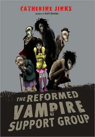 Cover for the book 'The Reformed Vampire Support Group' by Catherine Jinks. The author's name is written at the top in red caps. The title is written at the bottom in very large, light brown caps. The cover art shows a group of varied people with grey skin standing on a dark grass bank. The person in the centre resembles a young girl, with a yellow jumper, pink skirt, pink knee high socks and pink flat shows. To her left there's an old woman with a cane, in a green jumper and pink dress. Behind her, a man wearing a dark suit and brown neckerchief. In the centre behind the young girl is a taller man, with dark, wild hair and a long dark coat. A man in a bowler hat and brown suit is to his right. In front of them, crouched on all fours, a person with long, wild dark hair, a brown long sleeved shirt and brown pants. /end